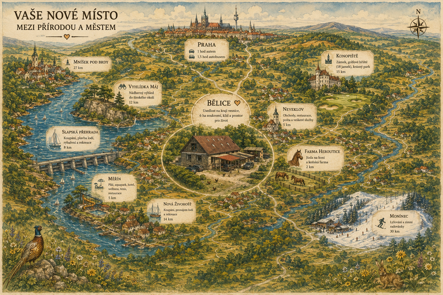 Ilustrovaná mapa okolí Usedlosti Bělice se Slapy, Neveklovem, Měřínem, Prahou a dalšími místy